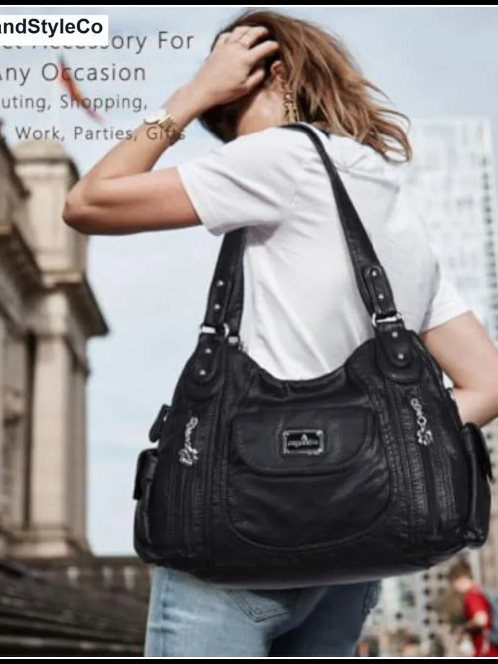 Large Faux Leather Hobo Shoulder Bag Multi Pocket Tote Satchel Purse